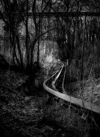 Abandoned ride winding through trees at Spreepark