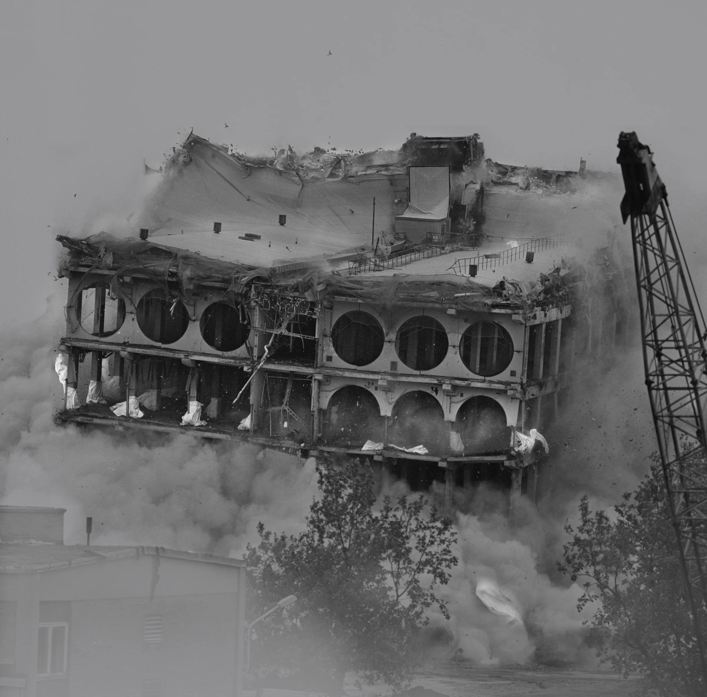 Demolition of a building with circular facade openings