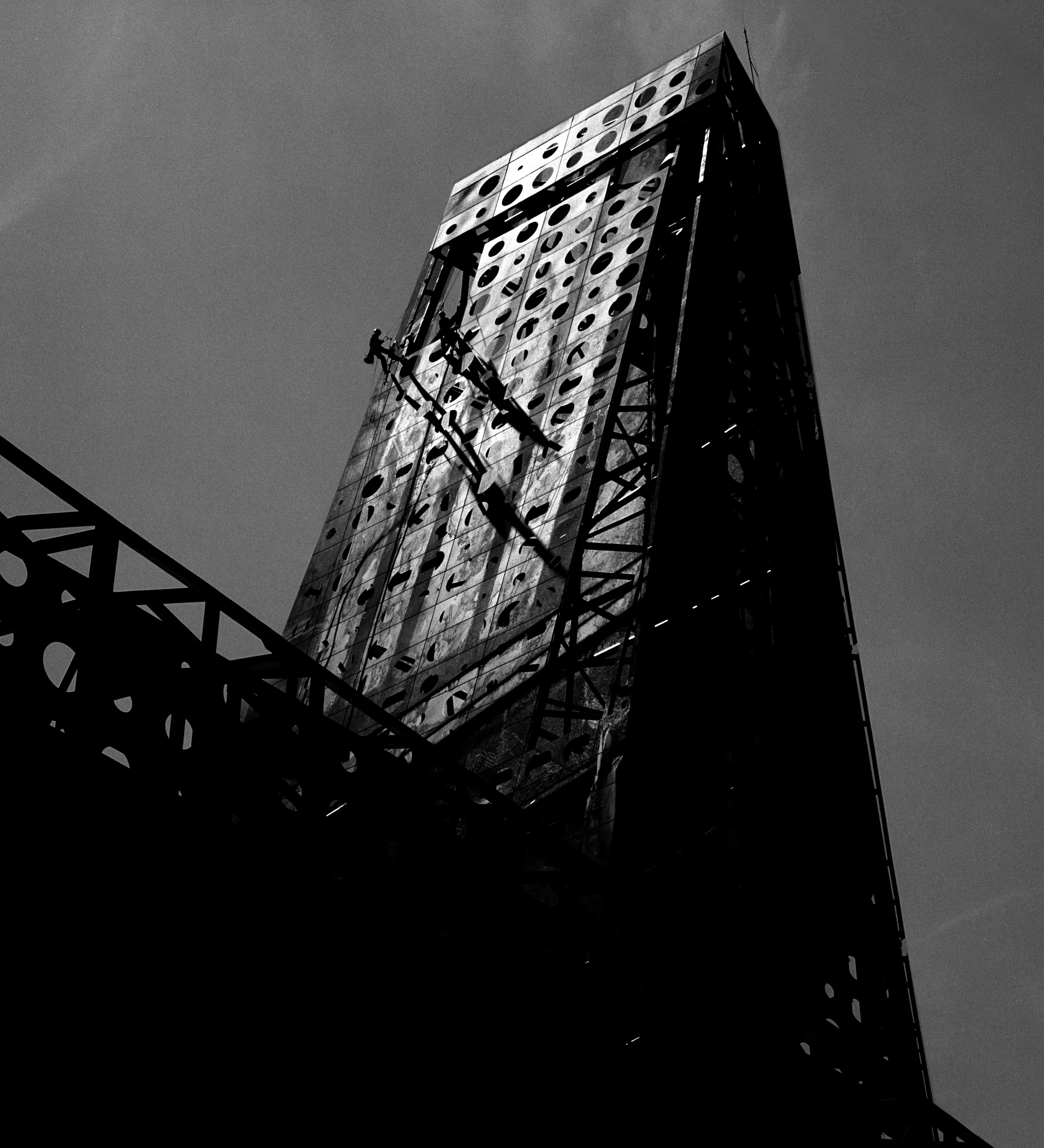 Steel bridge tower viewed from below